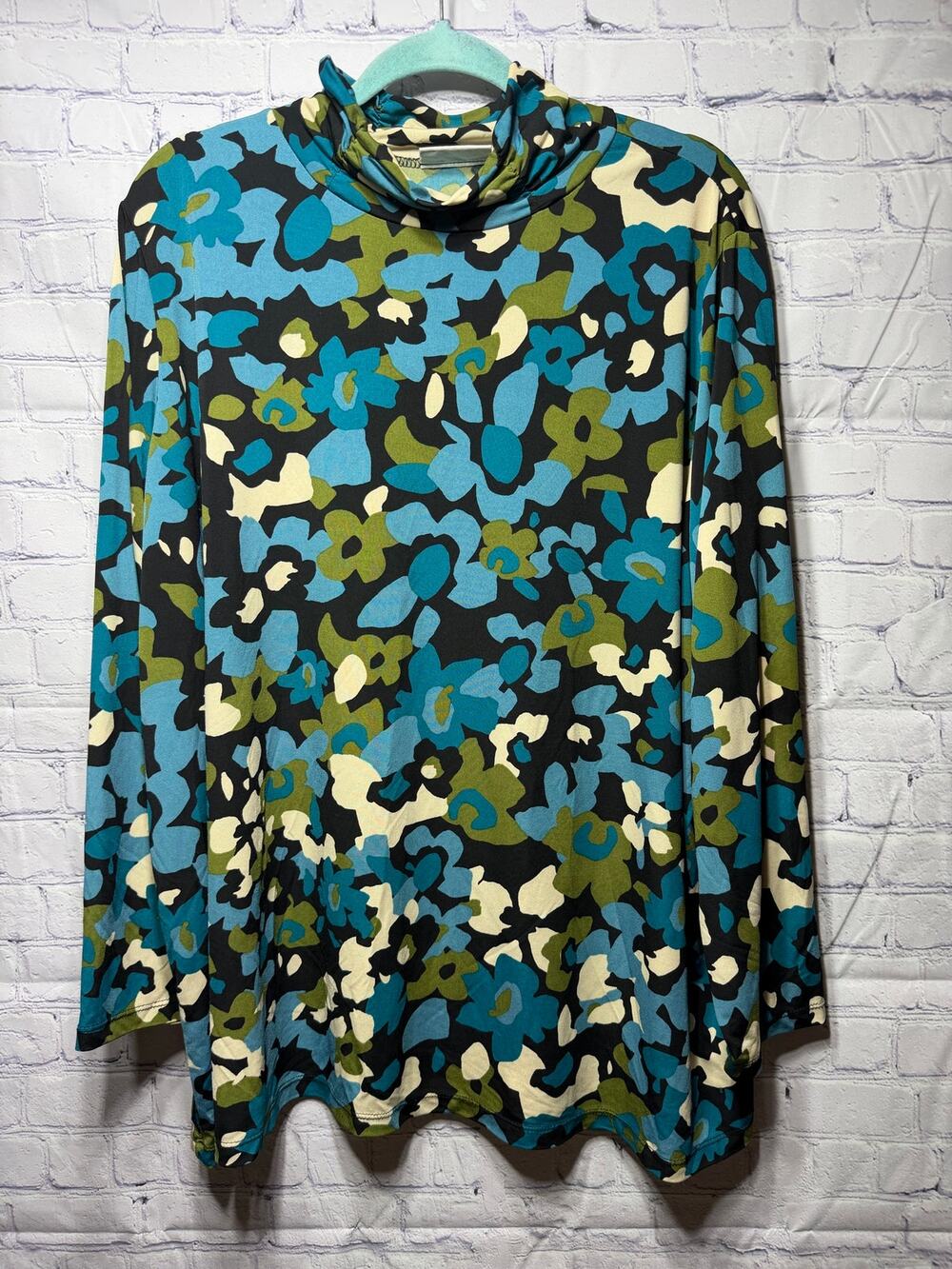 Susan Graver Womens Liquid Knit Mock Neck Long Sleeve Top Sz 3X Floral
